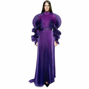 Fi Dark Purple Plissé LG Prom Dres Voir à travers des manches complètes élégante fête formelle Dr modeste robes de bal Y4ot #