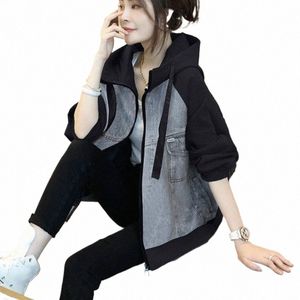 Fi Denim Couture Sweat à capuche Femme Printemps Automne Lâche Casual Veste Vintage Lg Manches Jeans Veste Femme Z21K #