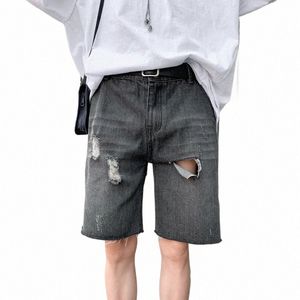 Fi denim zomer slank fit casual rechte mouw straatkleding jeugd heren over knie shorts blauw zwart 01oz#