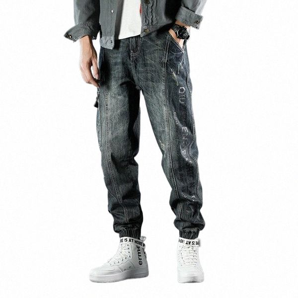 Fi Designer Lâche Imprimé Jeans Hommes Rétro Bleu Casual Denim Cargo Pantalon Hommes Salopette Hip Hop Joggers Pantalon Large Jambe N9yQ #