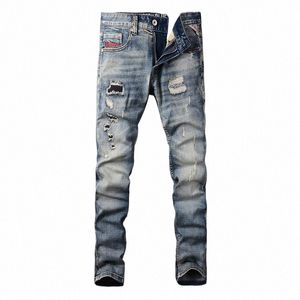 Fi Designer Hommes Jeans Haute Qualité Rétro Bleu Élastique Slim Fit Ripped Jeans Hommes Trou Patché Vintage Denim Pantalon Hombre d2tR #