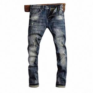 Fi Designer Hommes Jeans Haute Qualité Rétro Noir Bleu Élastique Slim Ripped Jeans Hommes Broderie Patché Vintage Denim Pantalon V7Bl #