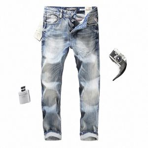 Fi Diseñador Hombres Jeans Alta calidad Retro Azul claro Elástico Slim Ripped Jeans Hombres Llanura Butt Pantalones Vintage Denim Pantalones e0zE #