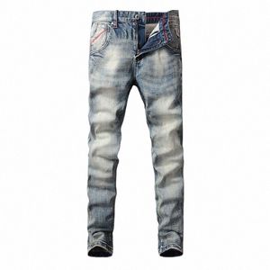 Fi Diseñador Hombres Jeans Alta Calidad Retro Mié Azul Estiramiento Slim Fit Ripped Jeans Hombres Estilo Italiano Vintage Denim Pantalones n3lk #