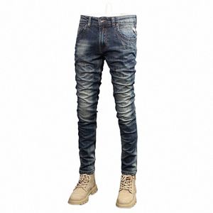 Fi Designer Hommes Jeans Rétro Bleu Foncé Stretch Élastique Slim Fit Ripped Jeans Hommes Style Italien Vintage Denim Pantalon Hombre f8vq #