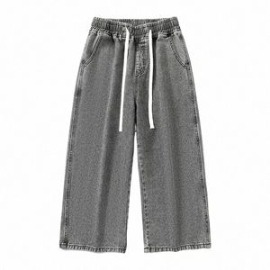 Fi élastique à lacets Vintage mer jean droit vêtements pour hommes 2024 été nouveau lâche décontracté couleur unie Capri pantalon C4NI #