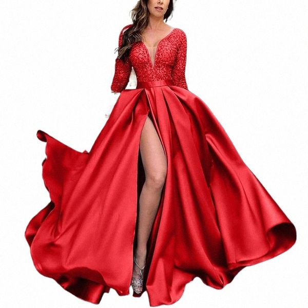 Fi élégant soirée bal Dres chaud Stam haute fente côté col en V soirée Club dentelle ourlet Maxi Dr pour mariage Banque u119 #