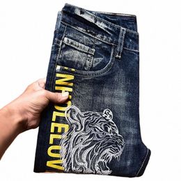 fi Geborduurde Bloemen Heren Jeans Slanke Rechte Broek Gescheurde Patch Bekrast Stretch Trend Casual High-End Denim Broek v6hI#