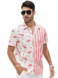 fi Flamingo Streeppatroon Overhemd Hoge Stretch Korte Mouw Heren Hawaiiaans Shirt Zomer Vacati Casual Straat o7gb#