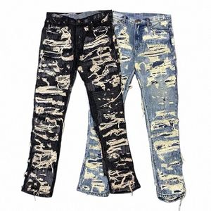 Fi Fried Street Jeans Exagérément scotché Slim Pantalon droit Patch brodé High Work W Casual Jeans Homme K4Th #
