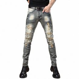 Fi Harajuku Cott luxe hommes coupe ajustée Vintage déchiré jean élégant maigre Distred Biker rétro pantalon Denim décontracté mâle a71J #