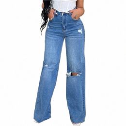 Fi High Cintura Street Jeans versátiles Pantalones de mezclilla de pierna ancha recta de las mujeres Pantalones de mezclilla diarios ocasionales básicos pantalones rotos Y4O1 #