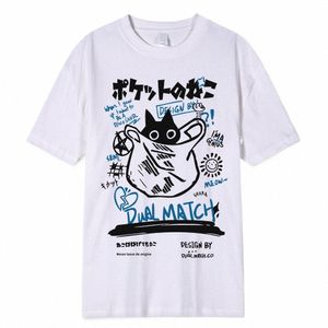 Fi Hip Hop T-Shirt Hommes Streetwear Japonais Kanji Drôle Chat Imprimer Tshirt Hommes Harajuku Cott Casual T-shirt À Manches Courtes Tops A8cL #
