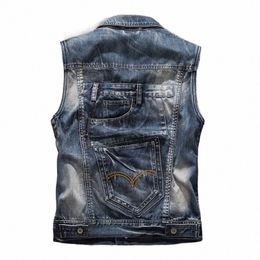 Fi Jean Gilet Moto Denim Gilet Vintage Casual Manteau Hommes Slim Grande Poche Manches Veste Vêtements Drop Ship V2xI #