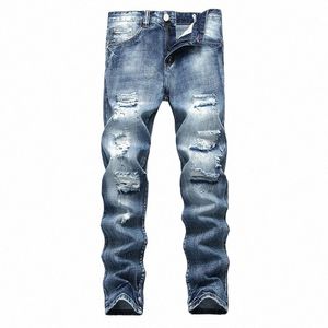 Fi Jeans Mannen Rechte Donkerblauwe Kleur Gedrukt Heren Jeans Ripped Cott Jeans Vernietigen Knie Gat Mannelijke 36lB #