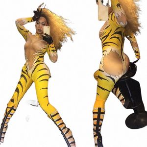 Combinaison fi femmes lg manches scène tenue imprimé tigre reine discothèque DS Halen Costumes chanteurs pole dance wear I5zt #