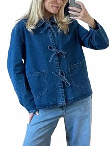 fi Lace Up Vrouwen Denim Jassen Casual Losse Revers Lg Mouw Zak Vrouwelijke Jassen 2024 Lente Boog Kantoor Dame Overjas nieuwe o603 #