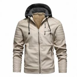 Veste en cuir Fi Hommes Automne Doublure polaire Manteau en cuir Pu avec vêtements d'hiver pour hommes Casual White Hood Vestes de moto 93Zf #