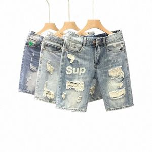 FI Luxe Slim jeans voor heren voor zomerfi met ontwerper en stijlvolle gescheurde gaten shorts Q2JC#