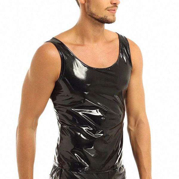 Fi Man Wet Look PVC Cuir Undershirt Débardeurs Gilet Sleevel Solide Noir O Cou Gilets T-shirt Pour Hommes Vêtements x94y #
