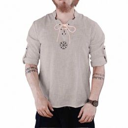 Fi Médiéval Pirate Lin Chemise Haute Hommes T-shirt Nordique Cosplay À Lacets Tee Brodé Col Debout Chemises À Manches Lg E16w #