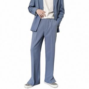 Fi Hommes Bleu Costume Pantalon Style Coréen Casual Plein Baggy Pantalon Large Pantalon Droit Longueur Cheville Pantalon Homme Bas Streetwear 68Kj #