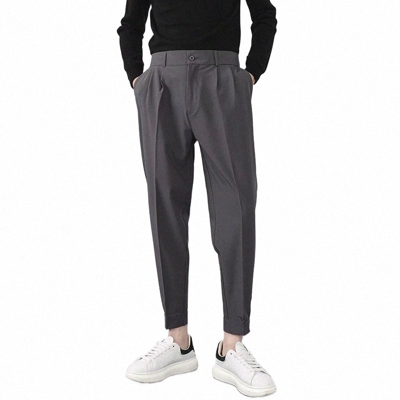 FI Men Casual Pants Elastic midja Små fötter Slim Korean Style veckade avsmalnande manliga blazerbyxor Byxor Streetwear 69TP#