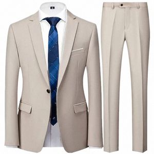 fi Heren Casual Busin Suit Jas Broek 2-delige set / Mannelijke Effen Kleur Bruiloft Twee Butt Blazers Jas Dr Broek 529x#