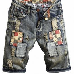 fi Heren Denim Shorts Jeans Zomer Losse Rechte Gaten Broek Voor Man Bedelaar Patroon Geruïneerd Patch Hip Hop Broek tiener l6uy #