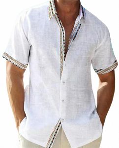 Chemise en lin à manches courtes pour hommes, plage hawaïenne, décontracté, imprimé ethnique, grande taille, cardigan, chemise de couleur unie, été N4t9 #