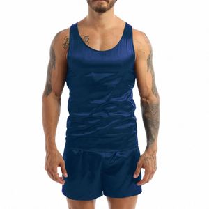 fi Mannen Pyjama Set Zomer Satijn Mannelijke Sleevel Tank Top Shorts Nachtkleding Loungewear Nachtkleding Homesuit Casual Homewear F9Wi #