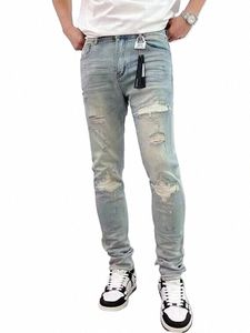 fi Gescheurde jeans voor heren Casual stretchdenimbroek High Street Slim Fit lichtblauwe hiphopjeans Streetwear herenbroek A2GJ #