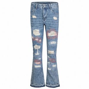 Fi Jeans déchirés pour hommes Couture Pantalon en denim évasé Distred Harajuku Streetwear Blue Jeans pour homme f6cr #