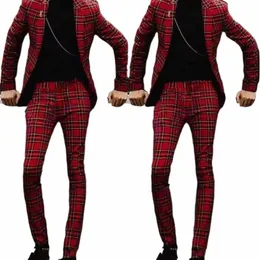 Costumes pour hommes Fi Blazer rouge Plaid formel Ocn Terno Slim Fit élégant ensemble complet 2 pièces veste pantalon mariage Costume Homme j9ei #