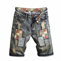 Fi hommes Streetwear déchiré vintage Bermuda jean court été mâle Hip hop décontracté bleu trous ample droit Denim shorts 28PC #