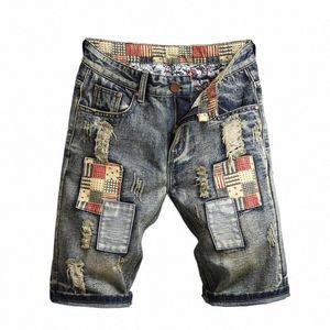 Fi hommes Streetwear déchiré vintage Bermuda jean court été mâle Hip hop décontracté bleu trous ample droit Denim shorts 28PC #