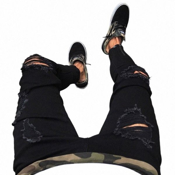 Fi Mens Cool Designer Noir Ripped Skinny Jeans Détruit Effiloché Slim Fit Denim Pantalon Zipper Hop Hop Pantalons Trous Pour Hommes 57tx #