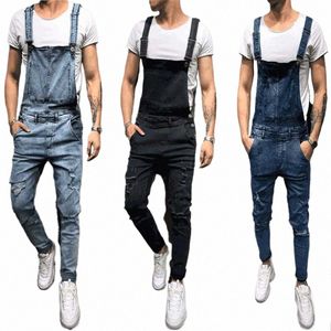 Fi Hommes Ripped Jeans Barboteuses Casual avec ceinture Combinaisons Trou Denim Salopette Bike Jean 49jw #