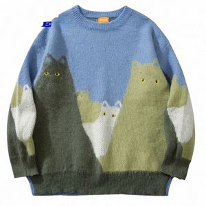 Fi Mens Sweater Streetwear Harajuku drôle tricoté chat broderie oeil Jumper 2023 Hip Hop pull en vrac pulls noir bleu n3oz #