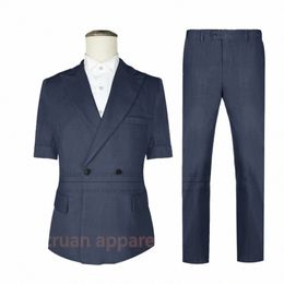 Fi Bleu Marine Costume en lin Ensembles pour hommes Vacances d'été Tenues décontractées Fête d'anniversaire sur mesure Slim Fit Short Blazer Pantalon H7Xu #