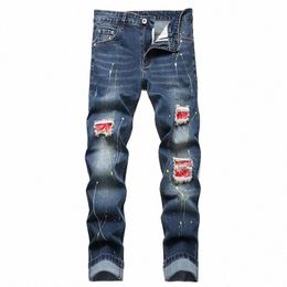 Fi nuevo estilo High Street hombres pantalones vaqueros rasgados cintura media pintura impresión azul pierna recta pantalones de mezclilla elásticos delgados marca Mnes Jeans q8fK #