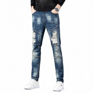 Fi Party Stretch Jeans Denim pour hommes Couleur bleue Slim Wed Pantalon design brodé Grande taille Pantalon troué en ruine q4Kj #