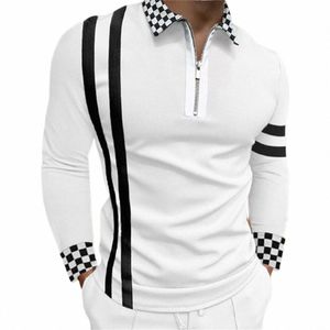 fi Patchwork Gestreepte LG-mouwen Tops Heren Casual Zip-up Turn-down Kraag Poloshirts Vintage Casual Heren Slim Poloshirt x7ph #