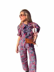 Fi Print Rechte Broek 2 Delige Sets Voor Vrouwen Hollow Out Lace Up Shirts Hoge Taille Broek Past Chic Vrouwelijke woon-werkverkeer Outfit a3OX #