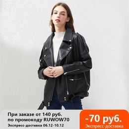 Chaqueta de piel sintética Fi PU para mujer, fajas sueltas, chaquetas de motorista informales, prendas de vestir, Tops para mujer, chaqueta de cuero negro estilo BF, abrigo 211204