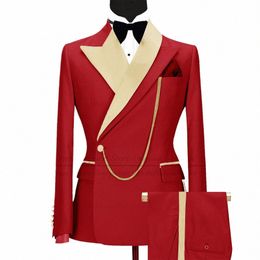 Fi Rouge Hommes Costumes Slim Fit Luxe Busin Soirée Dîner De Mariage Tuxedos Brillant Revers Blazer Pantalon 2 Pièces Veste Personnalisée Ensemble 18Yo #