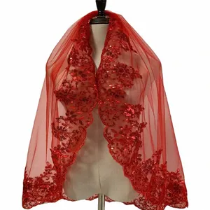 Fi Paillettes rouges broderie une couche courte église voile pour mariée fête de mariage chapeaux accessoires de cheveux 27Rd #