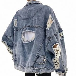 Fi Ripped Denim Jacket Y2K Distred Streetwear Hip Hop Broken Hole Jeans Biker Vestes Veste bleue pour hommes LooseOutwear z7g7 #