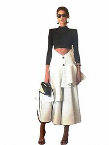 Fi Volants Couche Femmes Taille Haute Jupe Ensemble Élégant Col Montant Lg Manches Slim Crop Costume 2024 Chic Lady High Streetwear Y5l0 #