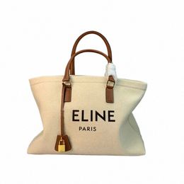 FI Shopper Gran lienzo estampado horiztal y bacina de cuero mujer Mujer de mano de lujo lienzo de lienzo de lino bolsas grandes viajes sho 03gc#